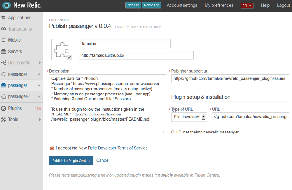 Screenshot of publishing form for a on New Relic plugin
